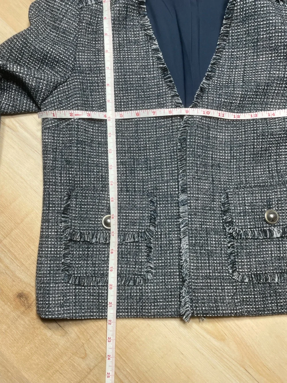 Express Tweed Jacket Small Fringe Trim Blue‎ Black Career Chic Blazer
